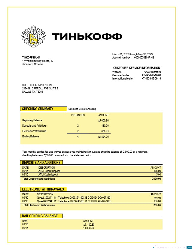 Download Tinkoff Bank firm statement Word and PDF template Photoshop template